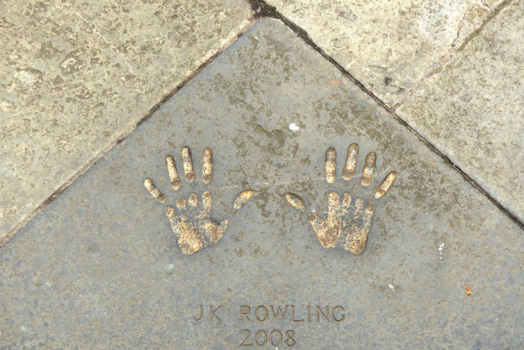 Edinbugh, UK - August 29 2013: JK Rowling handprints in the City Chambers quadrangle, as Edinburgh Award 2008.